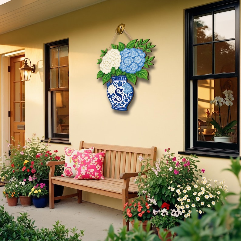 Hydrangea Chinoiserie Vase Monogram Door Hanger | Blue and White Floral Front Door Decor | Personalized Spring Summer Door Sign