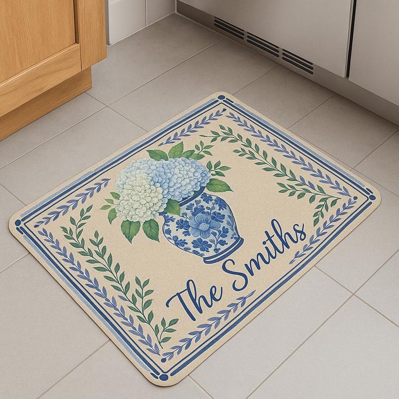 Personalized Blue Floral Doormat | Hydrangea Welcome Mat | Custom Family Name Rug | Chinoiserie Door Mat Decor