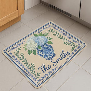 Personalized Blue Floral Doormat | Hydrangea Welcome Mat | Custom Family Name Rug | Chinoiserie Door Mat Decor