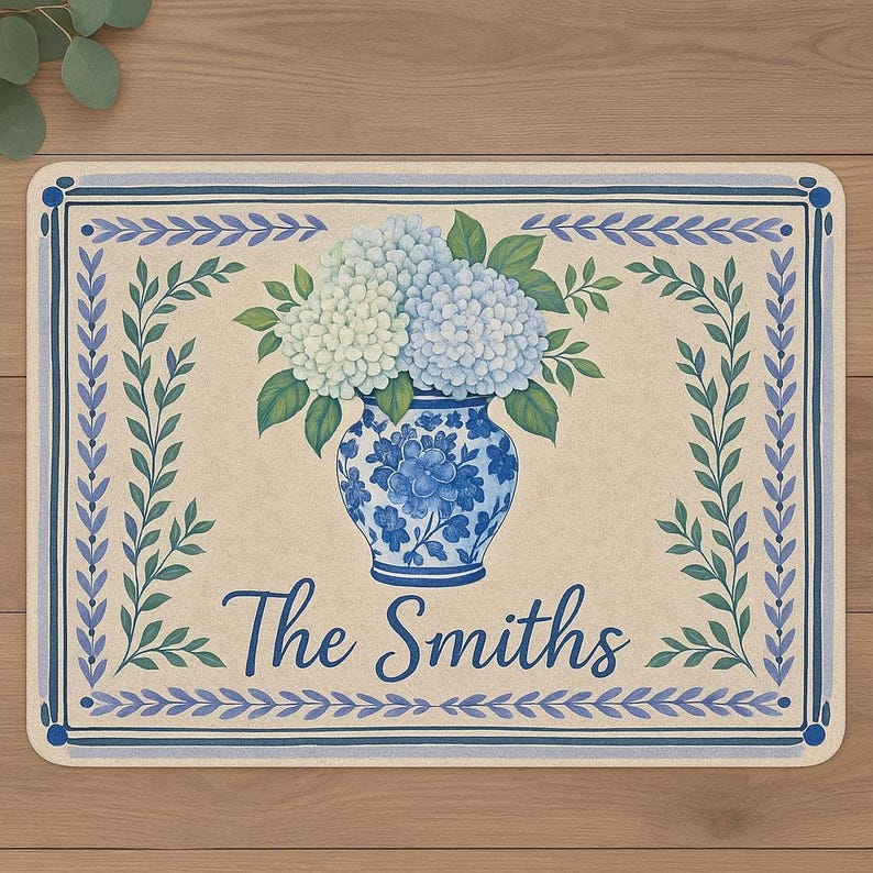 Personalized Blue Floral Doormat | Hydrangea Welcome Mat | Custom Family Name Rug | Chinoiserie Door Mat Decor