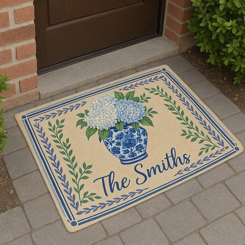 Personalized Blue Floral Doormat | Hydrangea Welcome Mat | Custom Family Name Rug | Chinoiserie Door Mat Decor