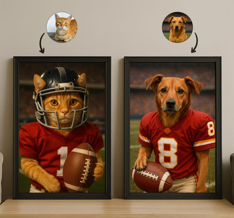 Custom American Football Pet Portrait with Team Jersey | Personalized Digital Pet Art for Dog or Cat | Funny Football Pet Gift Artwork