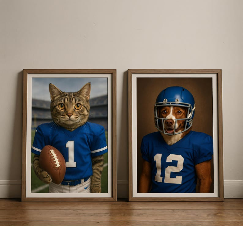 Custom American Football Pet Portrait with Team Jersey | Personalized Digital Pet Art for Dog or Cat | Funny Football Pet Gift Artwork