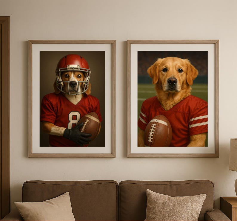 Custom American Football Pet Portrait with Team Jersey | Personalized Digital Pet Art for Dog or Cat | Funny Football Pet Gift Artwork