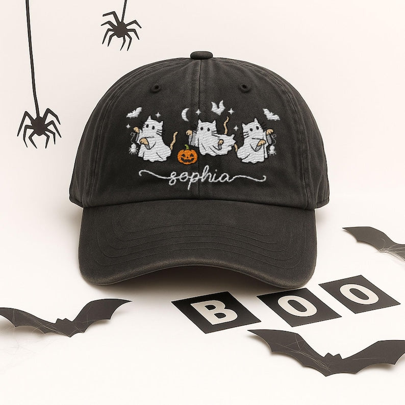 Personalized Halloween Embroidered Hat, Custom Name Halloween Baseball Cap, Halloween Cat Ghost Hat, Spooky Season Gift for Cat Lovers