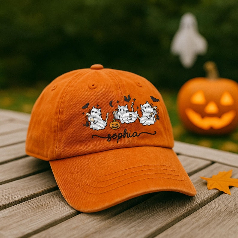 Personalized Halloween Embroidered Hat, Custom Name Halloween Baseball Cap, Halloween Cat Ghost Hat, Spooky Season Gift for Cat Lovers