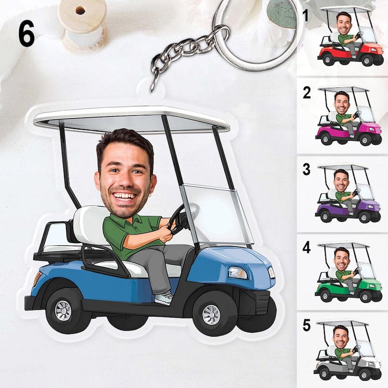Personalized Photo Golf Cart Keychain, Gift For Dad, Father, Grandpa, Golfer, Golf Lover, Idea First Acrylic Charm Keyring Gift