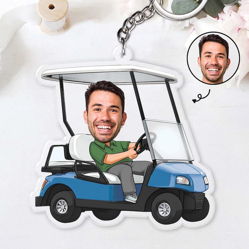 Personalized Photo Golf Cart Keychain, Gift For Dad, Father, Grandpa, Golfer, Golf Lover, Idea First Acrylic Charm Keyring Gift