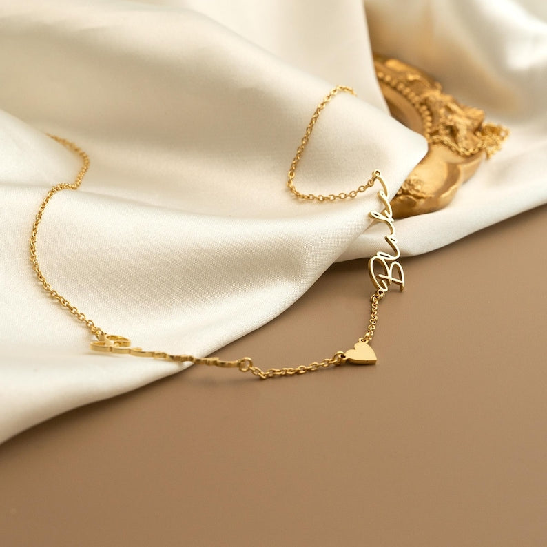 2 Names Necklace with Heart, Personalized Couple Names Necklace, Name Necklace Gift for Mom, Two Name Necklace, Gift for Wife, Mom of Two