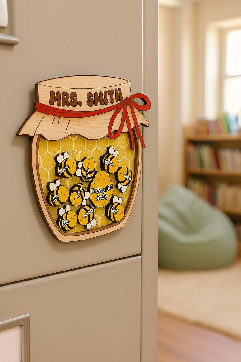 Personalized Wooden Honey Jar Magnet Custom Teacher Gift with Student Bees and Name for Classroom or Fridge Back to School Decor