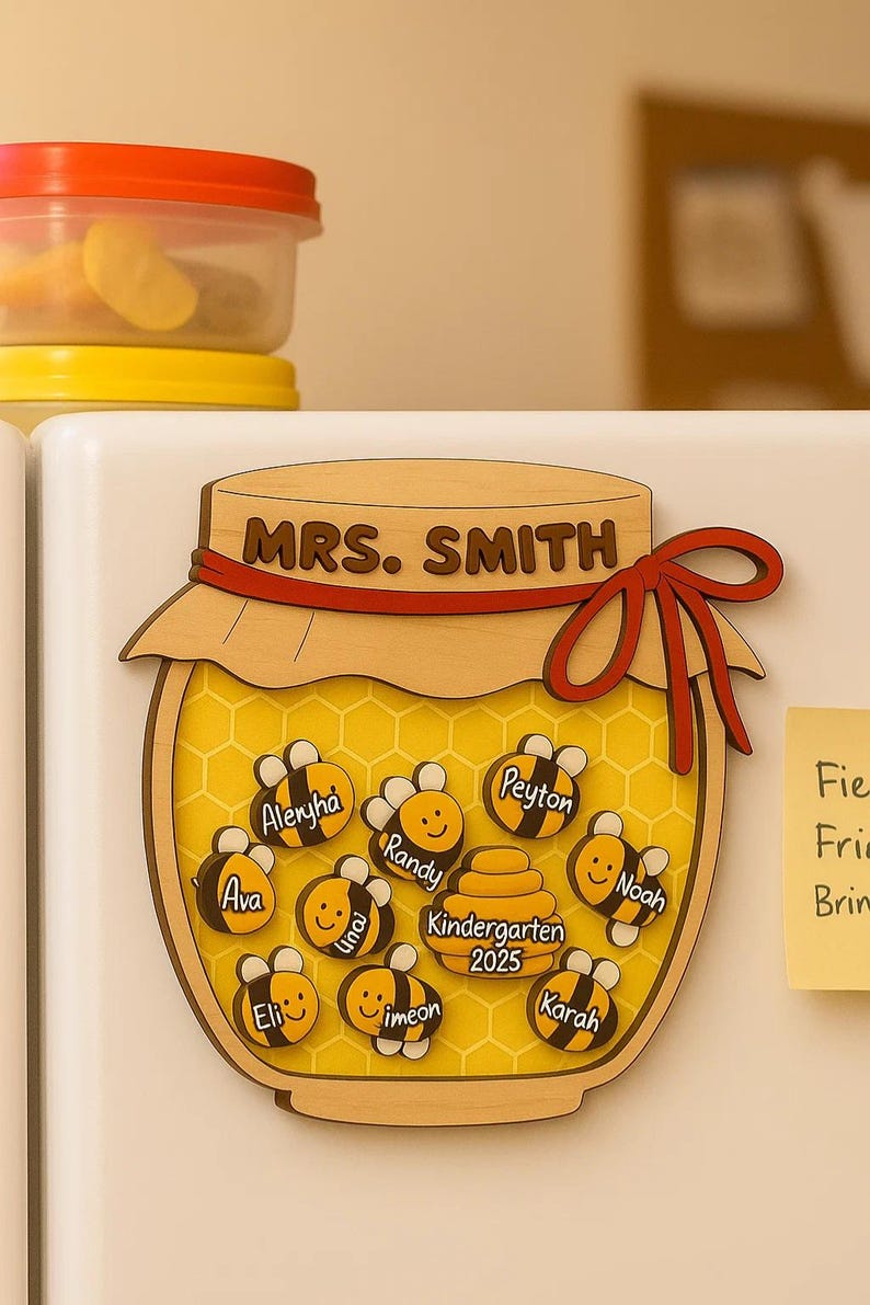 Personalized Wooden Honey Jar Magnet Custom Teacher Gift with Student Bees and Name for Classroom or Fridge Back to School Decor