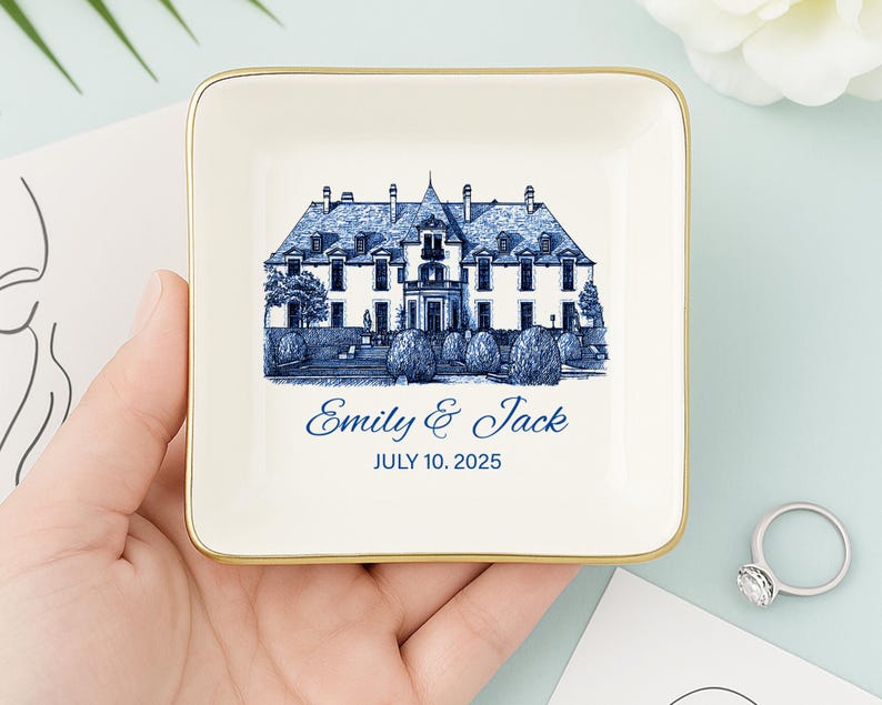 Personalized Wedding Venue Ring Dish, Couple Name & Date,Engagement Gift,Wedding Keepsake,Blue And White Gift,Bridal Shower Gift,Couple Gift