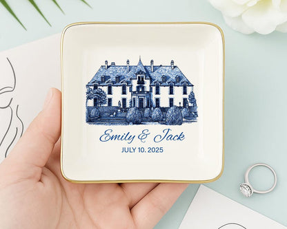 Personalized Wedding Venue Ring Dish, Couple Name & Date,Engagement Gift,Wedding Keepsake,Blue And White Gift,Bridal Shower Gift,Couple Gift