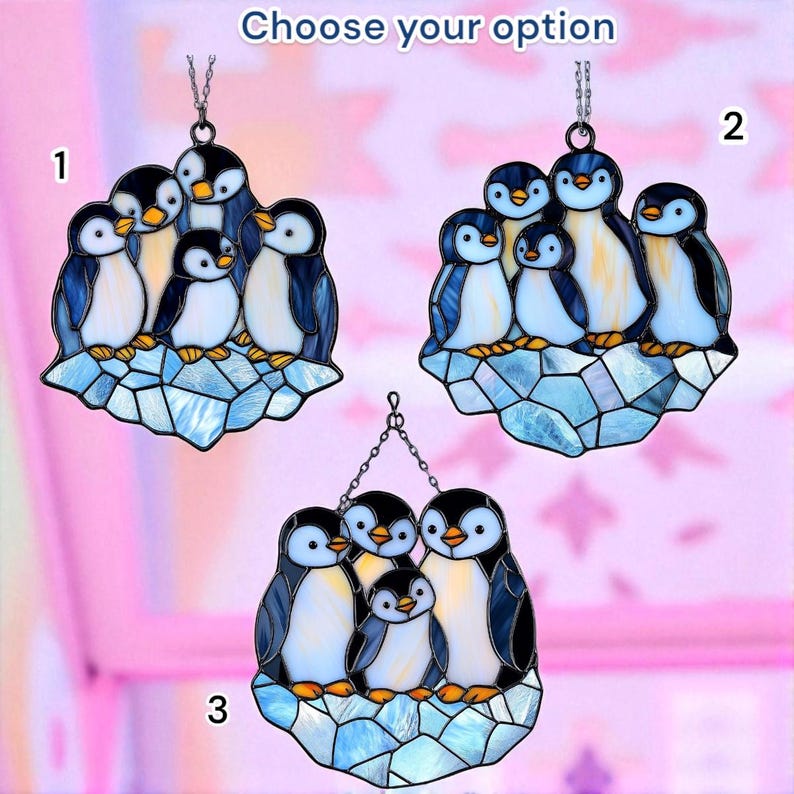 Penguin Family Faux Acrylic Suncatcher - Winter Window Hanging Decor, Cute Animal Gift for Kids & Nature Lovers