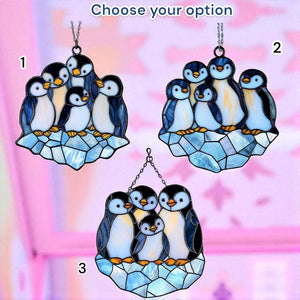 Penguin Family Faux Acrylic Suncatcher - Winter Window Hanging Decor, Cute Animal Gift for Kids & Nature Lovers