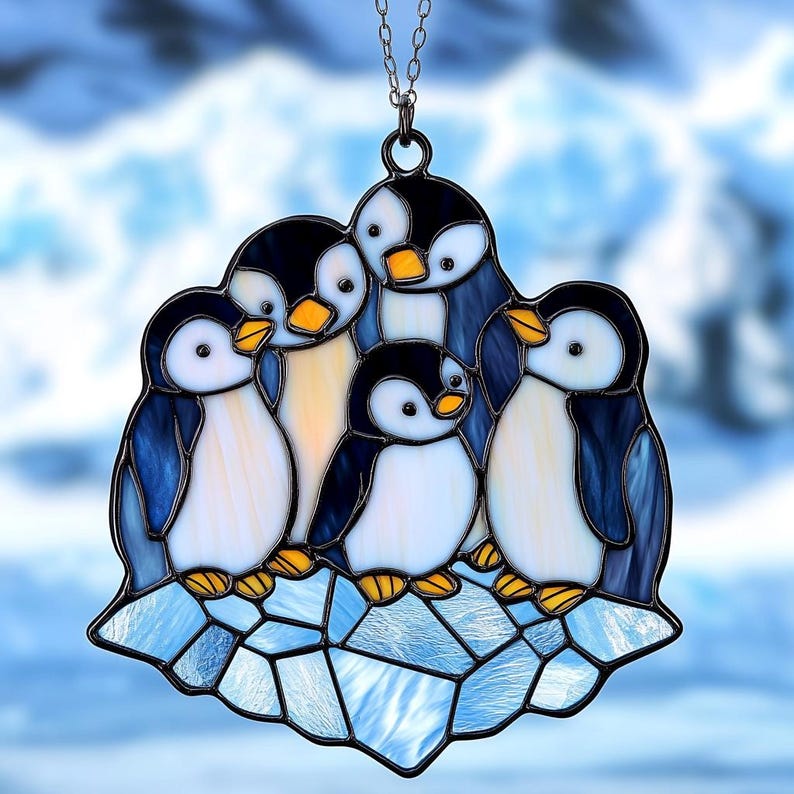 Penguin Family Faux Stained Glass Acrylic Suncatcher - Winter Window Hanging Decor, Cute Animal Gift for Kids & Nature Lovers