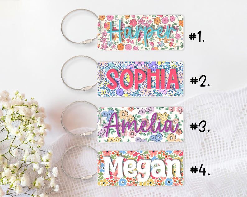 Personalized Back To School Kids Girl Gifts, Floral Backpack Name Tag, Cute Backpack Name Keychain For Kids, Diaper Bag Tag, Lunch Box Tag