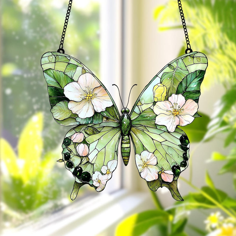 Acrylic Spring Butterfly with Flowers, Faux Stained Glass Floral Butterfly Suncatcher, Nature Lover s Window Decor for Mom