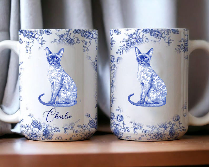 Personalized Coffee Mug For Cat Lover, Custom Toile De Jouy Style Custom Cat Breeds, Cat Mom Gift, Christmas Gift For Cat Mom, Cat Dad