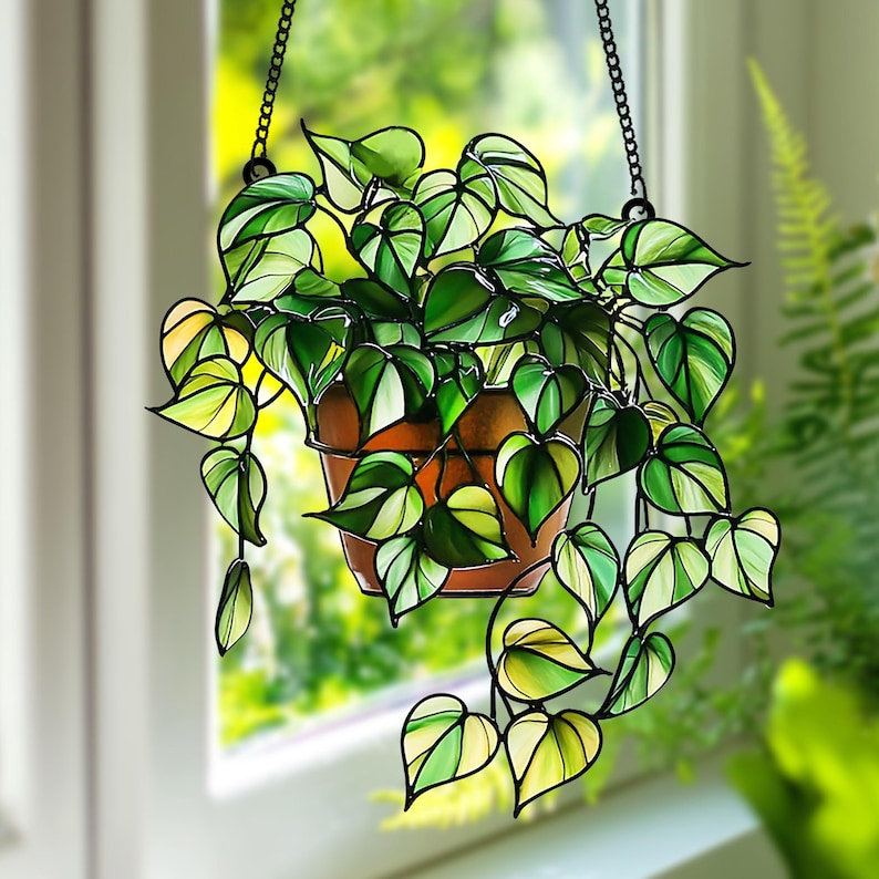 Pothos Plant Acrylic Suncatcher - Faux Stained Glass Window Hanging for Plant Lovers, Botanical Theme Home Art Decor, Garden Hanging