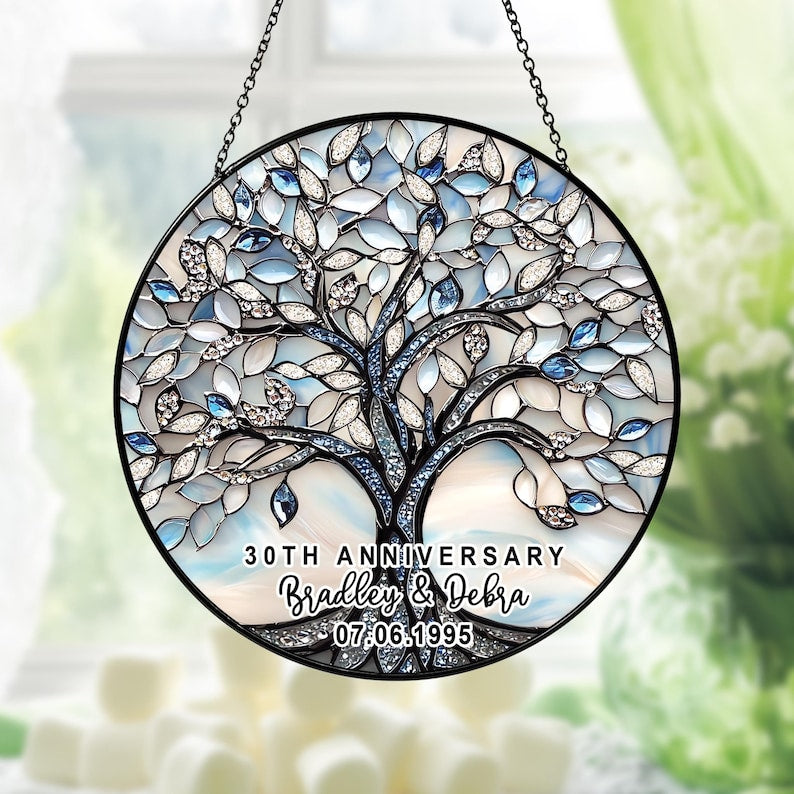 Custom 30th Wedding Anniversary Stained Glass Suncatcher, Tree of Life 30th Anniversary Gift, Wedding Anniversary Keepsake, Tree Glass Art
