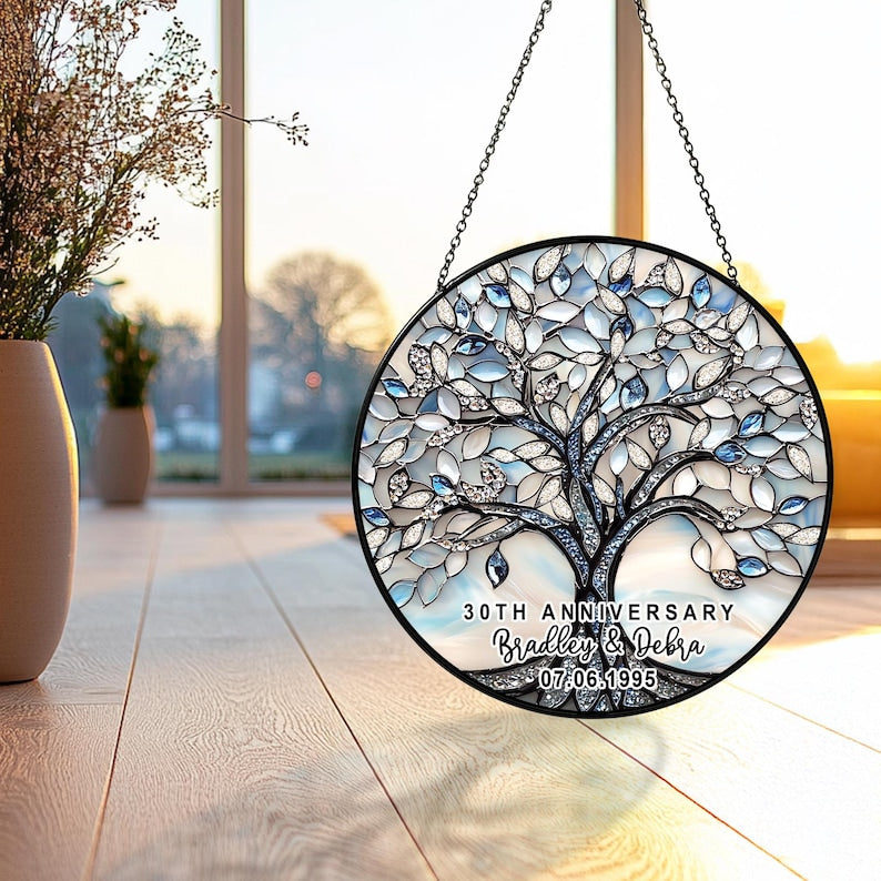 Custom 30th Wedding Anniversary Stained Glass Suncatcher, Tree of Life 30th Anniversary Gift, Wedding Anniversary Keepsake, Tree Glass Art
