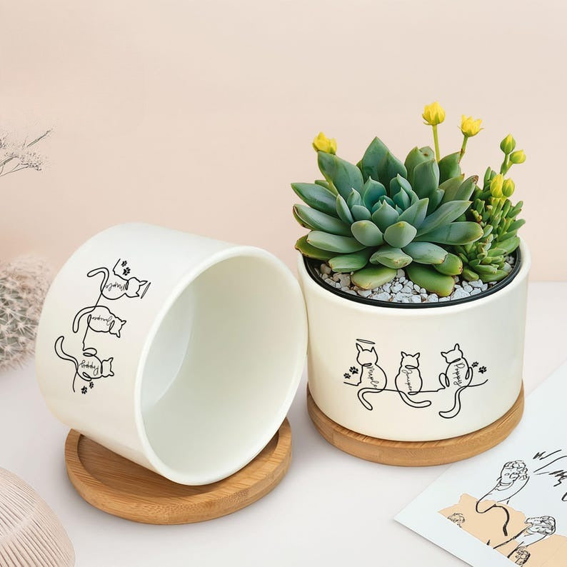 Custom Cat's Name Plant Pot, Personalised Gifts, Unique Cat Lover Present,Gift For Cat Owner,Family Gift, Pet Lover, Line Art Cute Cat/Dog