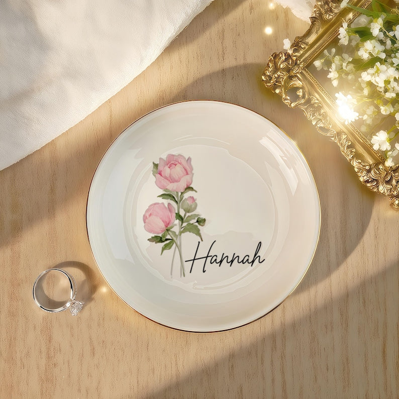 Personalised Birth Flower Trinket Dish, Custom Watercolor Flower Ring Dish, Birthday Jewelry Dish, Wedding Bridesmaid Gift, Christmas Gifts