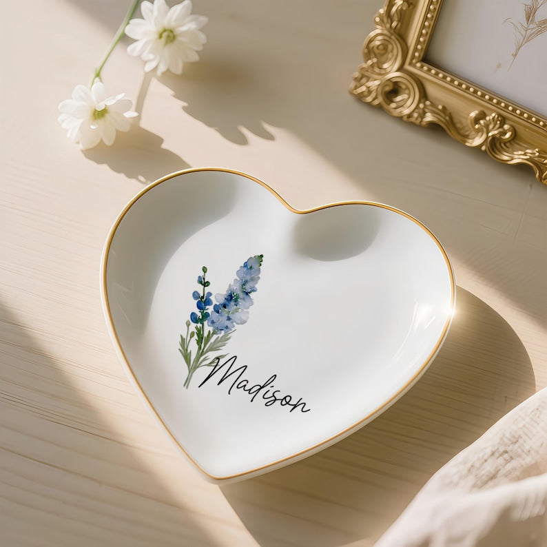 Personalised Birth Flower Trinket Dish, Custom Watercolor Flower Ring Dish, Birthday Jewelry Dish, Wedding Bridesmaid Gift, Christmas Gifts