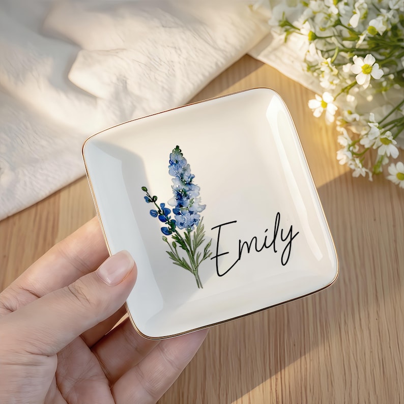 Personalised Birth Flower Trinket Dish, Custom Watercolor Flower Ring Dish, Birthday Jewelry Dish, Wedding Bridesmaid Gift, Christmas Gifts