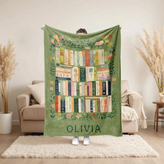 Custom Vintage Bookshelf Library Throw Blanket, Book Floral Blanket Gift For Book Lover, Library Gift Floral Bookish Gift, Retirement Gift