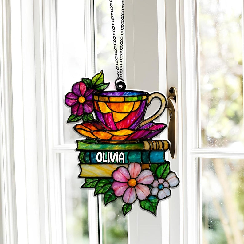 Tea and Books Acrylic Suncatcher, Custom Bookshelf Ornament, Faux Stained Glass Window Hanging, Cozy Gift for Book Lovers, Light Catcher