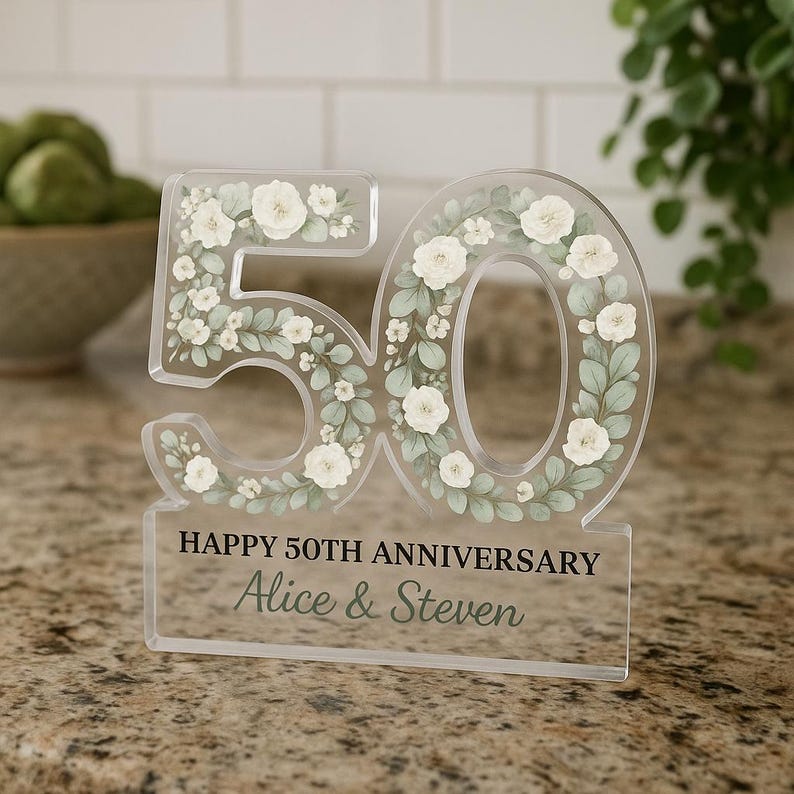 Personalized 50th Anniversary Gift for Couple | Golden Wedding Acrylic Keepsake | Custom Floral Decor | Wedding Love Husband & Wife Gift