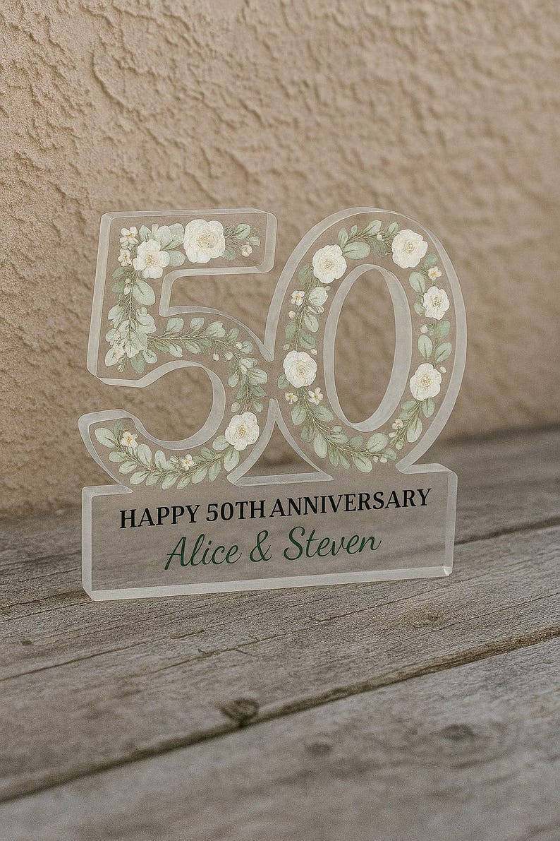 Personalized 50th Anniversary Gift for Couple | Golden Wedding Acrylic Keepsake | Custom Floral Decor | Wedding Love Husband & Wife Gift