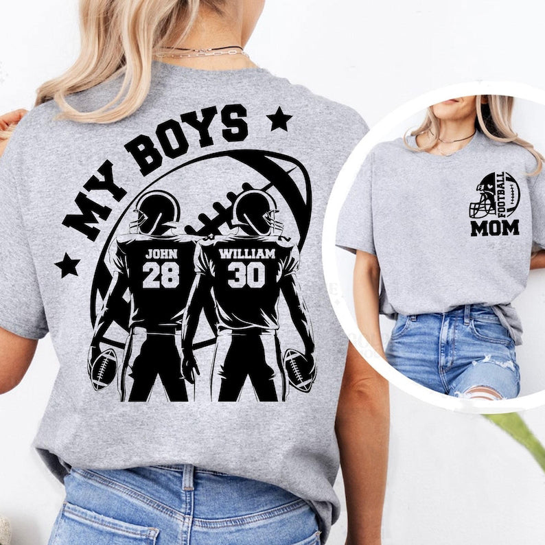 Football Mom Shirt, Two Football Players Shirt, Custom Name and Number Football Shirt, Football Lover, Football Mama Shirt, Sports Mom Gift