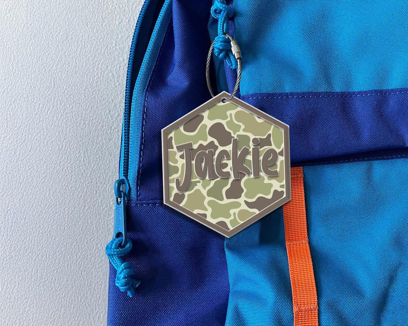 Camo Print Boy Acrylic Name Keychain, Custom Bag Name Tag, Cute Backpack Name Keychain For Kids, Diaper Bag Tag, Checkered Lunch Box Tag
