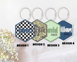 Camo Print Boy Acrylic Name Keychain, Custom Bag Name Tag, Cute Backpack Name Keychain For Kids, Diaper Bag Tag, Checkered Lunch Box Tag