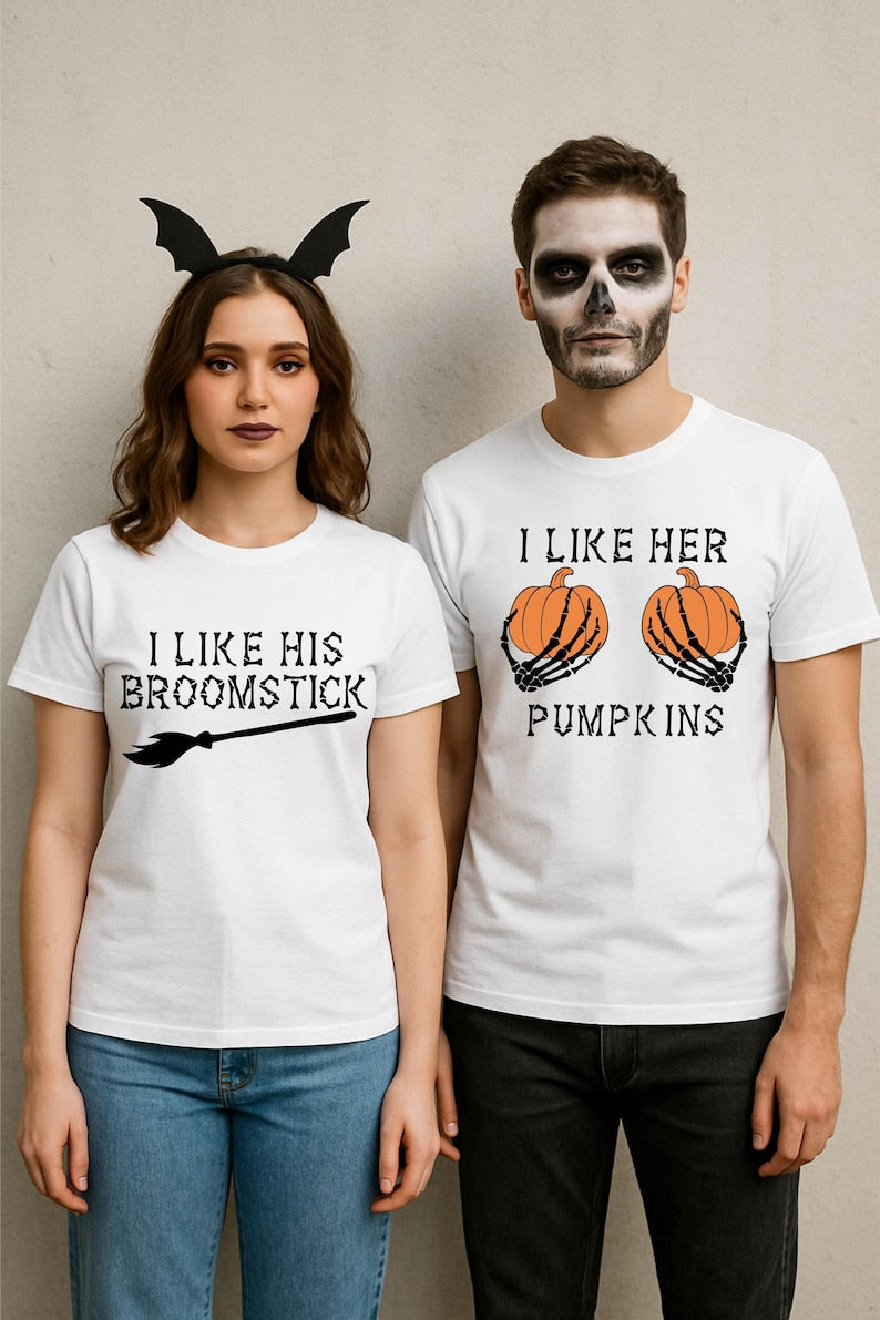 I Like His Broomstick I Like Her Pumpkins Shirt, Couple Matching Halloween Shirt,Funny Matching Halloween T-Shirt,Couple Halloween Party Tee