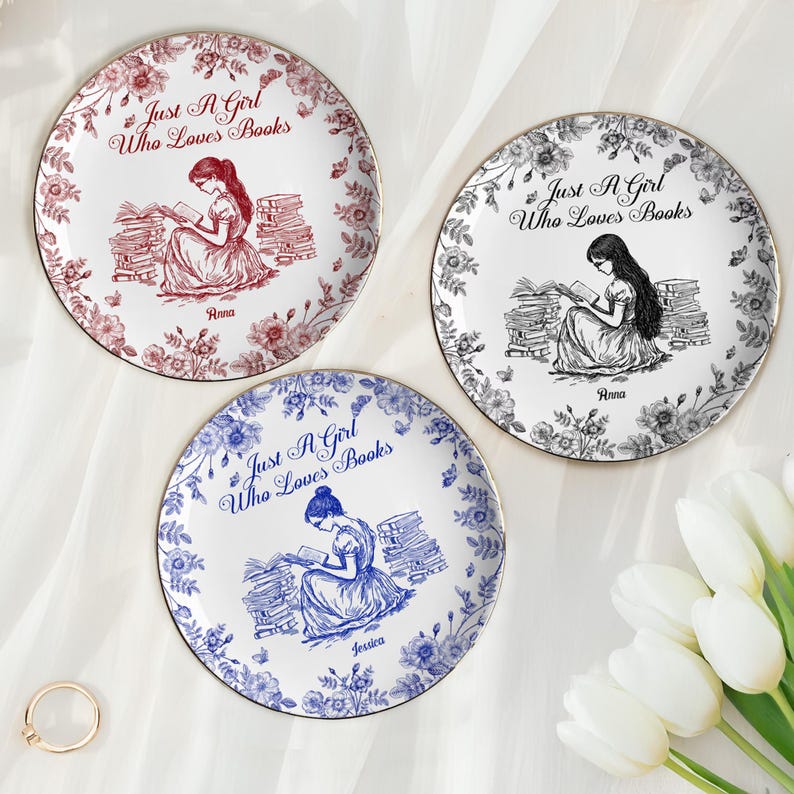 Personalized Jewelry Dish, A Girl Who Loves Books Chinoiserie Toile De Jouy, Jewelry Dish Gift for Friend, Bestie, Book Lovers Gift