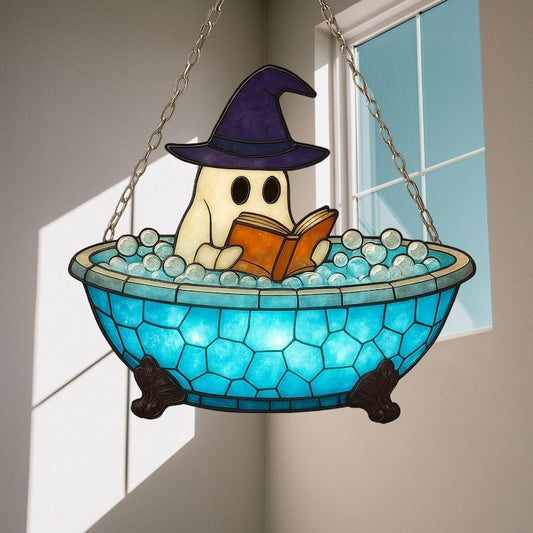 Cute Ghost Reading Book Bathroom Acrylic Suncatcher Ghost In Bathtub Window Haning Halloween Spooky Season Bathroom Decor Boo Love Book Gift