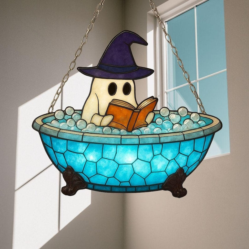 Cute Ghost Reading Book Bathroom Acrylic Suncatcher Ghost In Bathtub Window Haning Halloween Spooky Season Bathroom Decor Boo Love Book Gift