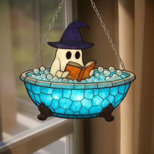 Cute Ghost Reading Book Bathroom Acrylic Suncatcher Ghost In Bathtub Window Haning Halloween Spooky Season Bathroom Decor Boo Love Book Gift