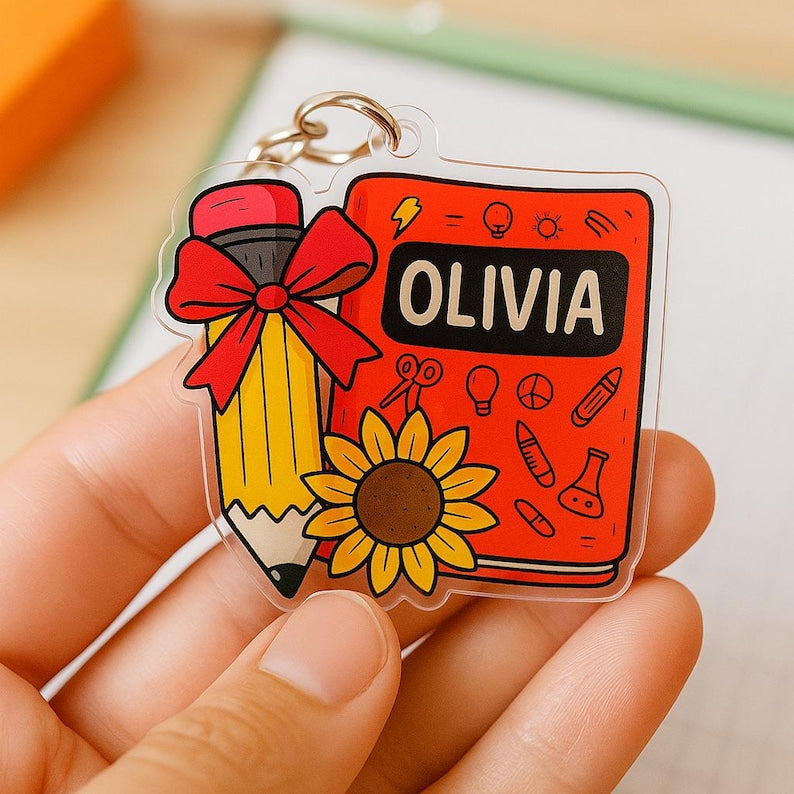 Personalized School Bag Tag Pencil Keychain Customized Backpack Name Tag for Kids Teacher Gift Back to School Supplies Cute Acrylic Charm