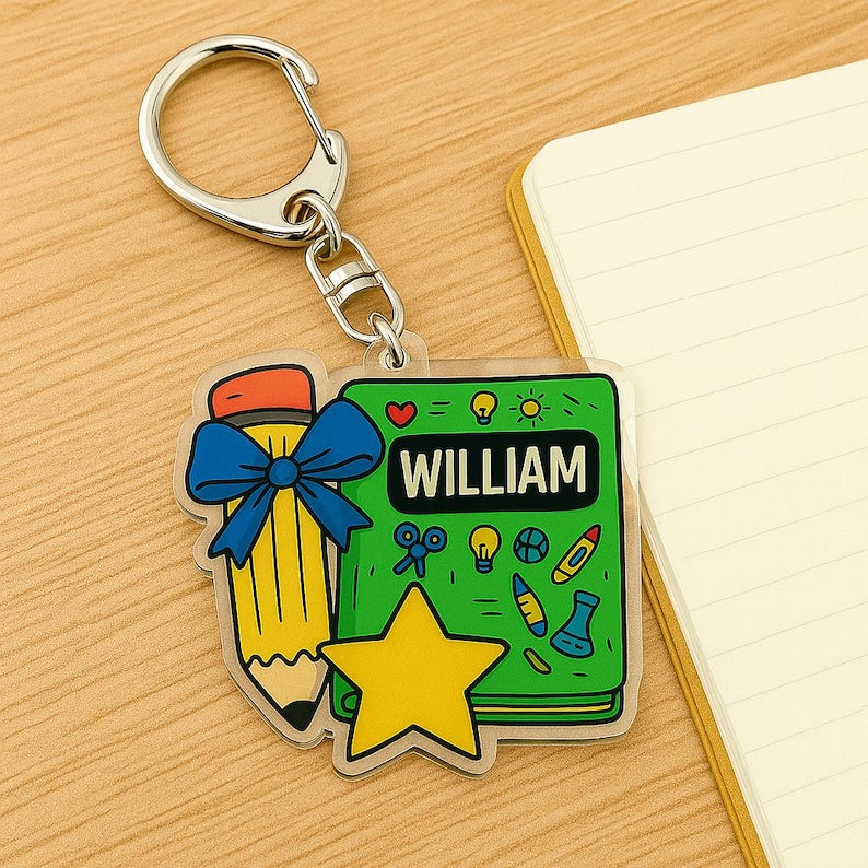 Personalized School Bag Tag Pencil Keychain Customized Backpack Name Tag for Kids Teacher Gift Back to School Supplies Cute Acrylic Charm