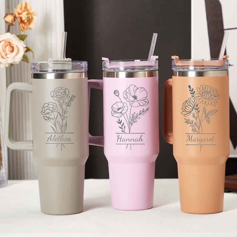 Custom Tumbler with Birthflower, Engraved Tumblers with Name, Personalized Tumbler With Straw, Insulated Travel Mug, Birthday Gifts for Mom