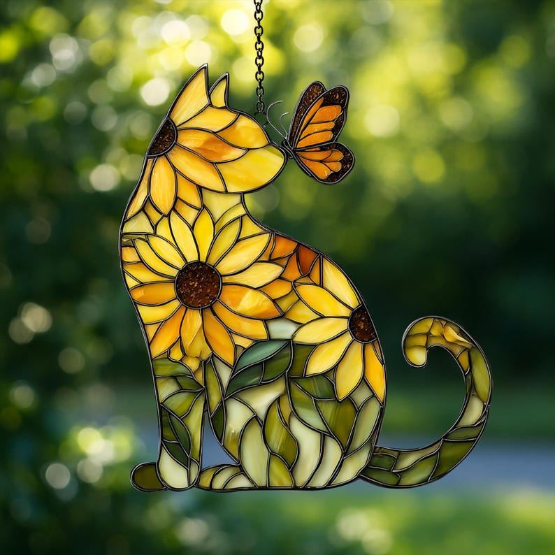 Sunflower Cat FAUX Window Hanging, Window Hanging Decor, Sunflower Cat ACRYLIC Suncatcher, Floral Cat Suncatcher Gift For Cat Lovers