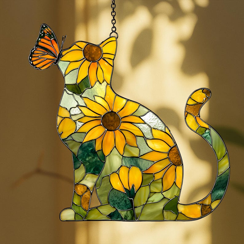 Sunflower Cat FAUX Window Hanging, Window Hanging Decor, Sunflower Cat ACRYLIC Suncatcher, Floral Cat Suncatcher Gift For Cat Lovers
