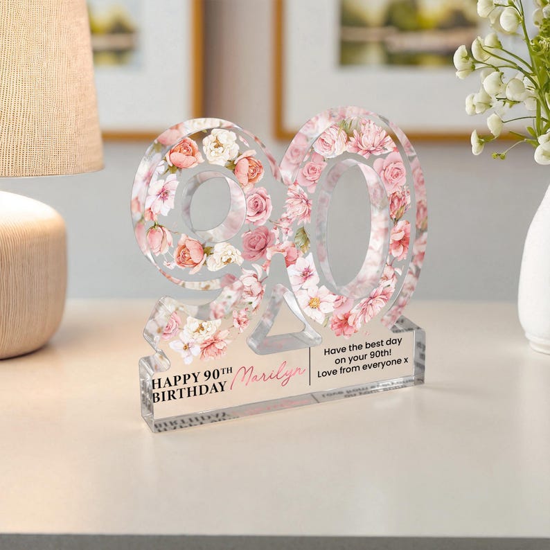 Personalised 90th Birthday Gift Plaque, Happy 90th Birthday Gift For Her, 90th Birthday Gifts, Floral 90th Gift, Gift for Mum Nan