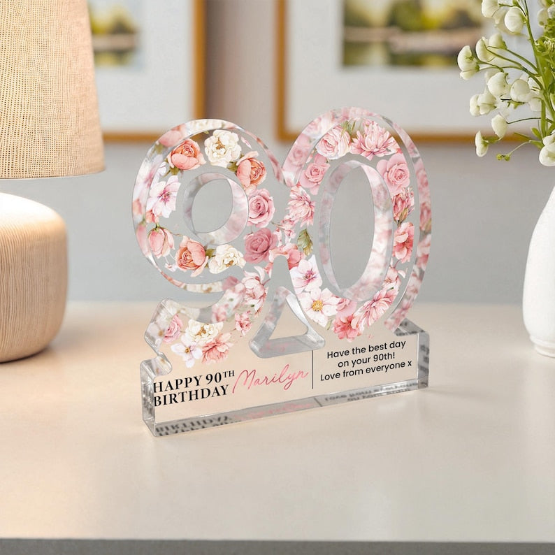 Personalised 90th Birthday Gift Plaque, Happy 90th Birthday Gift For Her, 90th Birthday Gifts, Floral 90th Gift, Gift for Mum Nanny