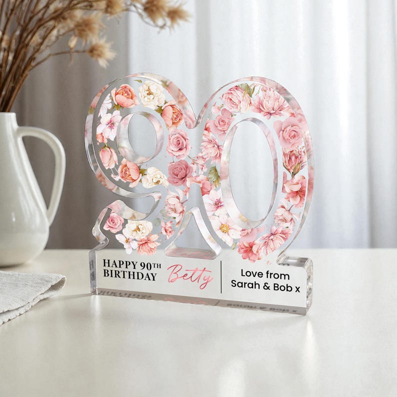 Personalised 90th Birthday Gift Plaque, Happy 90th Birthday Gift For Her, 90th Birthday Gifts, Floral 90th Gift, Gift for Mum Nan